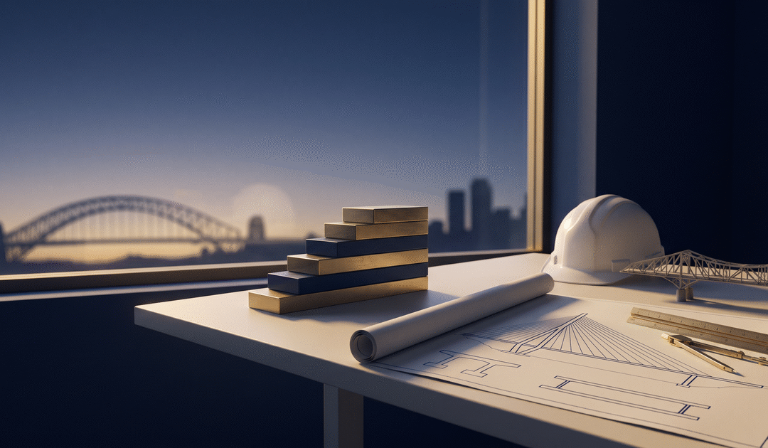 Stylized editorial still life of a civil engineer's drafting table with unrolled bridge blueprints, scale ruler, white hard hat and a small truss model, beside ascending brass blocks, with a navy twilight city and bridge silhouette through a window in deep navy, gold and off-white tones.