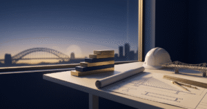 Stylized editorial still life of a civil engineer's drafting table with unrolled bridge blueprints, scale ruler, white hard hat and a small truss model, beside ascending brass blocks, with a navy twilight city and bridge silhouette through a window in deep navy, gold and off-white tones.